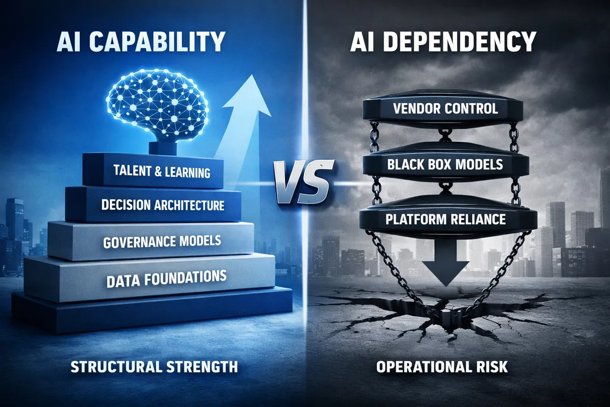 Split diagram contrasting AI Capability — a stacked staircase of data foundations, governance, decision architecture and talent, labelled Structural Strength — against AI Dependency, three chained boxes for platform reliance, black-box models and vendor control breaking into cracked ground labelled Operational Risk.