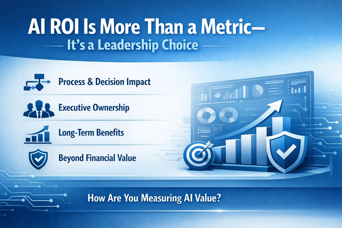 Four labelled value rows — Process & Decision Impact, Executive Ownership, Long-Term Benefits and Beyond Financial Value — alongside a dashboard, target and shield graphic, under the headline AI ROI Is More Than a Metric.