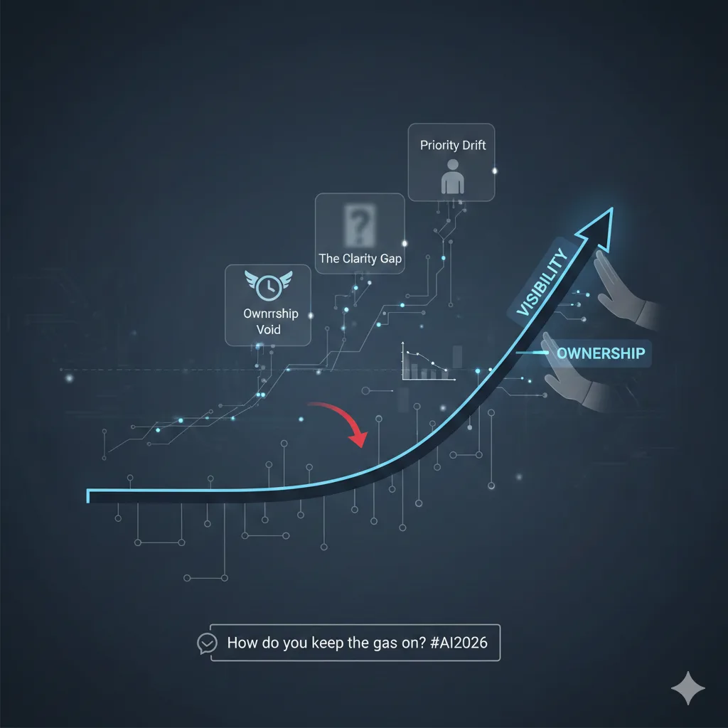 Dark navy artwork of a rising curve with three floating warning labels — Ownership Void, The Clarity Gap and Priority Drift — with a Visibility-and-Ownership arrow rising alongside.