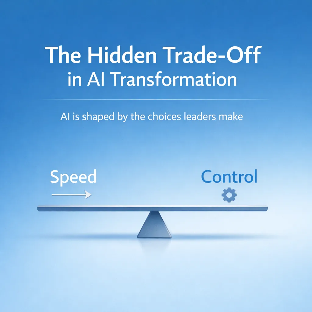 Minimalist balance-beam illustration with Speed on the left and Control on the right, under the tagline AI is shaped by the choices leaders make.