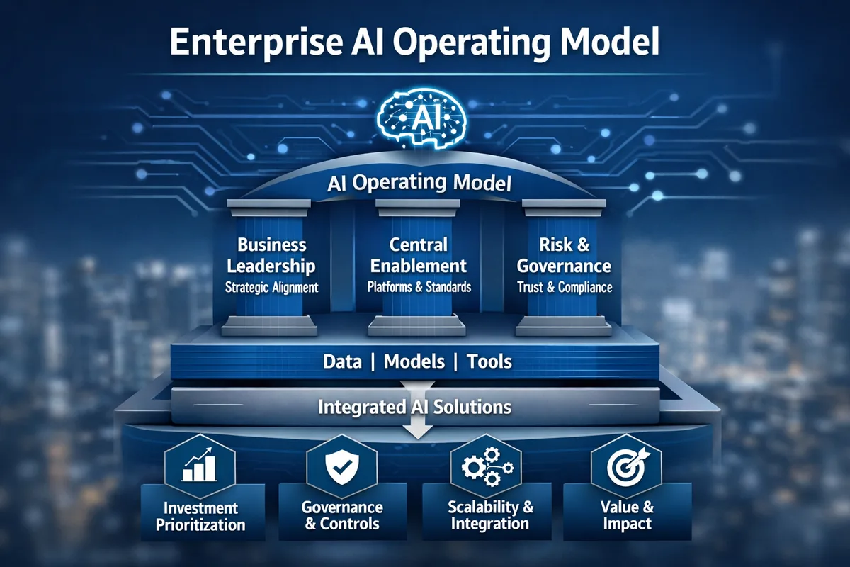 Three-pillar architectural diagram showing Business Leadership, Central Enablement and Risk & Governance columns over a Data-Models-Tools foundation, with four downstream outcome tiles for investment prioritisation, governance, scalability and value.