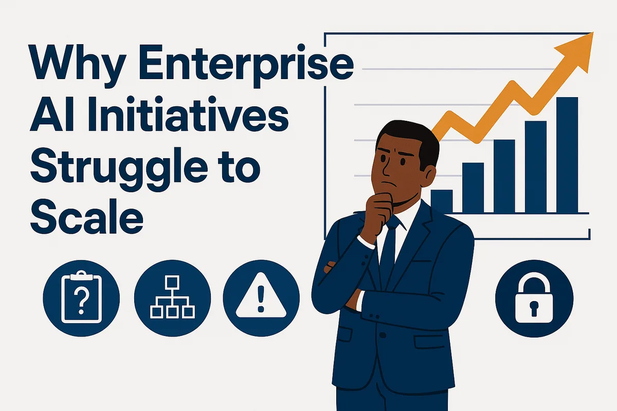 Executive in a blue suit looking thoughtfully at a rising bar-and-arrow chart, alongside icons for questions, hierarchy, warning and security, under the headline Why Enterprise AI Initiatives Struggle to Scale.